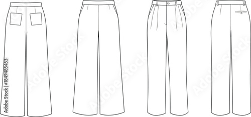 Women's wide leg trousers technical flat sketch set front back views fashion CAD vector illustration design apparel tailoring pattern template