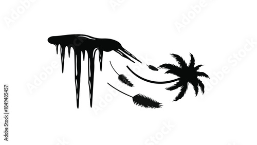 Abstract brush stroke forms a melting icicle shape reaching towards a swirling palm frond