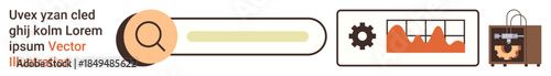 Data analysis, search engine optimization, technology interface, digital tools, 3D printing, innovation process. Search bar with graph and 3D printer icons. Data analysis and technology interface