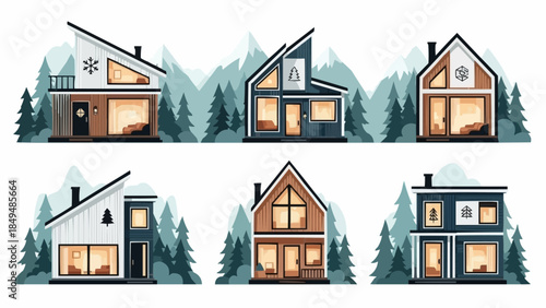 Collection of Six Modern Scandinavian Style Houses in Snowy Landscape.