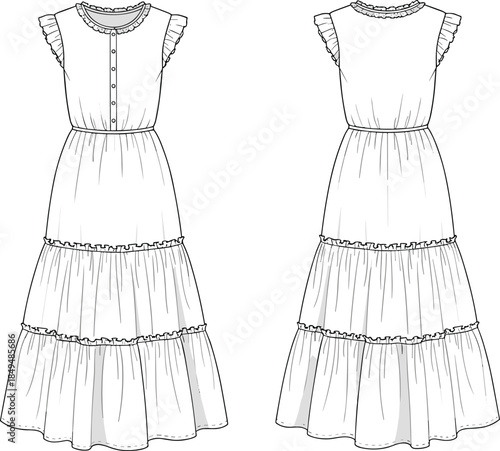 Women sleeveless ruffle trim tiered long dress front and back technical sketch apparel cad drawing flat vector illustration