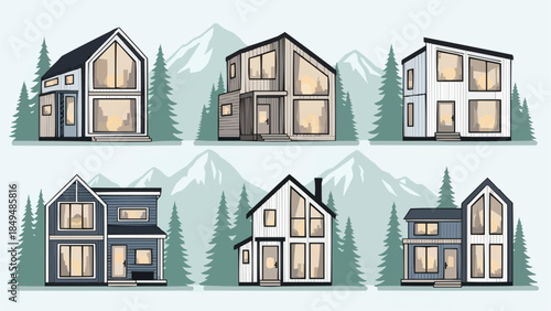 Collection of Modern Architectural House Designs in a Mountainous Landscape.