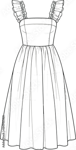 Women ruffle strap midi dress technical sketch front view apparel cad drawing flat vector illustration isolated white background