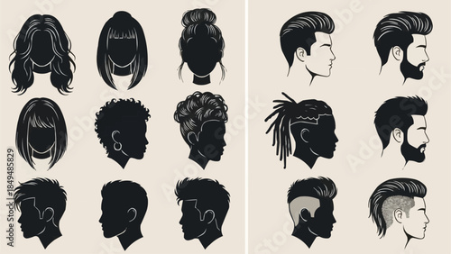 Collection of Diverse Hairstyles for Men and Women Silhouettes.