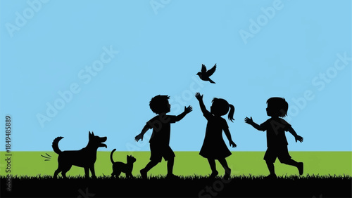 Children and pets playing outdoors silhouette illustration.