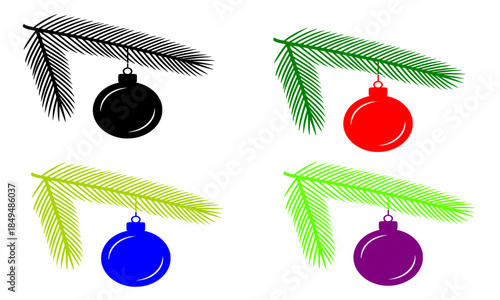 Set of Four Colorful Christmas Bauble Ornaments in Black Red Blue Purple Hanging on Pine Branches with Needles, Festive Holiday Clipart Icons Collection, Vector Illustration, White Background