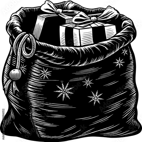 The Gift Bag Overflowing: A detailed illustration of a large gift bag filled with presents, decorated with snowflakes, ready to bring joy.