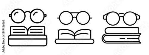 Glasses and Books Icon Set, Educational Symbols, Reading Glasses on Stacked Books Illustration