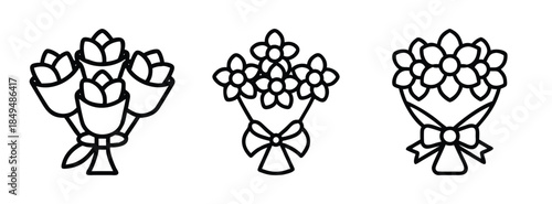 Bouquet Flower Illustrations, Simple Floral Designs, Black and White Line Art