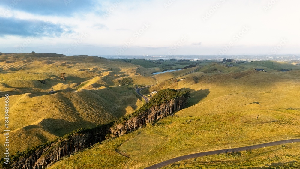 Naklejka premium Vast Green Hills of Karioitahi, New Zealand