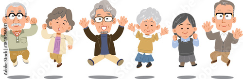 横一列でジャンプするシニアの男女