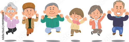 横一列でジャンプするシニアの男女