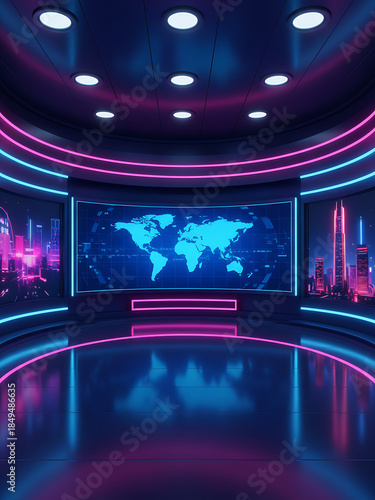 Modern global news studio with digital world map background perfect for news broadcast background, virtual event stage, Global Digital Broadcast / Virtual Event Studio