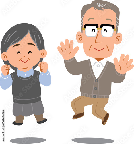 ジャンプするシニアのカップル