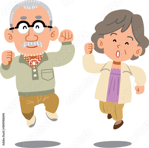 ジャンプするシニアのカップル