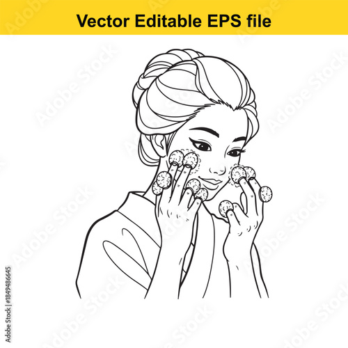 vector illustration of a woman applying facial cream or skincare products in a line art style