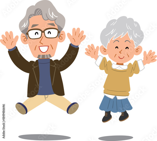 ジャンプするシニアのカップル