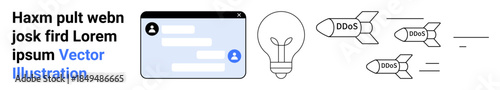 Cybersecurity, network protection, online threats, data security, communication, creative ideas. DDoS labeled missiles next to a light bulb and a chat interface. Cybersecurity and network protection
