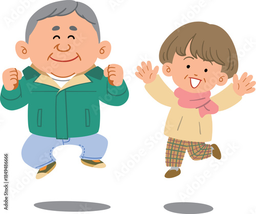 ジャンプするシニアのカップル