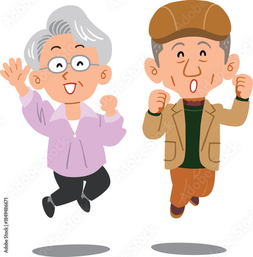 ジャンプするシニアのカップル