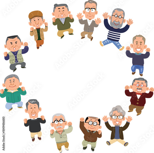 輪になってジャンプする12人のシニアの男性