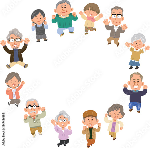 輪になってジャンプする12人のシニアの男女