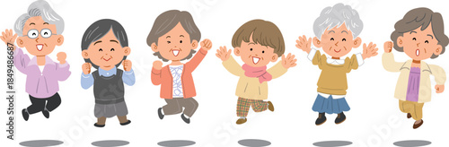 横一列でジャンプするシニアの女性たち