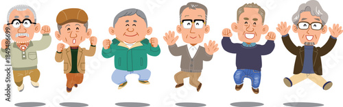 横一列でジャンプするシニアの男性たち