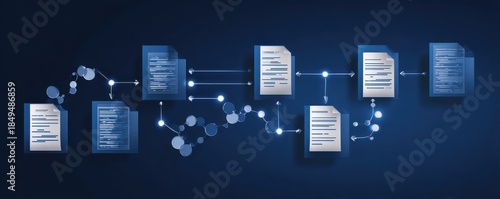 Graphic workflow where datum moves in a remote chain synchronized with approval protocols and planning required for a contract solution