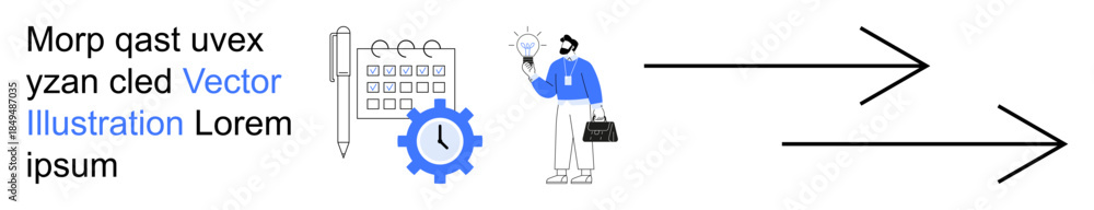 Obraz premium Business management, workflow automation, scheduling, productivity, time management, planning. gear, calendar and person holding a briefcase. Business management and planning