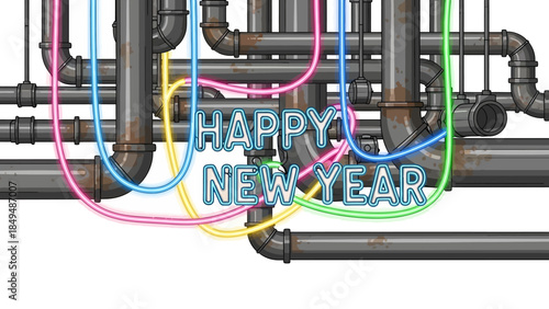 happy new year wriiten with power supply wire