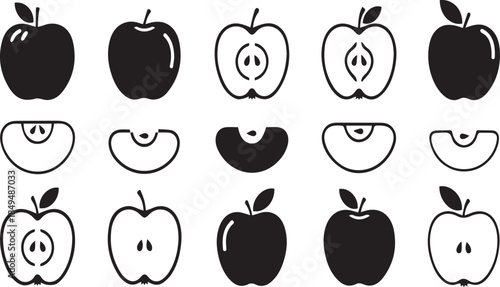 A versatile collection of apple icons featuring whole fruits, halves, and slices in minimalist black and white