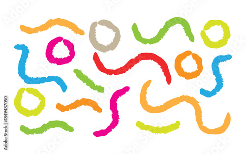 Abstract colorful hand drawn brush stroke shapes and wavy lines. monochrome acrylic swirl smudges, wavy lines and circles symbol. vector illustration.