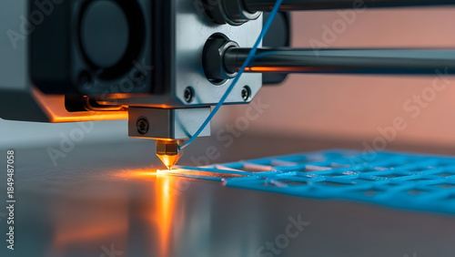 Fototapeta Naklejka Na Ścianę i Meble -  Close up view of a 3d printer nozzle extruding glowing blue filament creating a complex lattice structure object