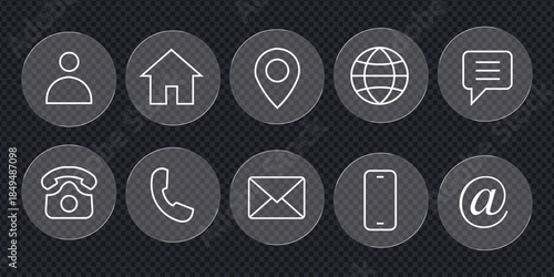 Glass morphism business card contact information and web and app communication contact icon set vector. name, address, location, mail, website, telephone, cell phone, fax symbol. vector illustration.