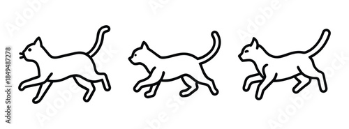 Minimalist Line Art of Three Running Cats in Motion, Simple Feline Illustrations