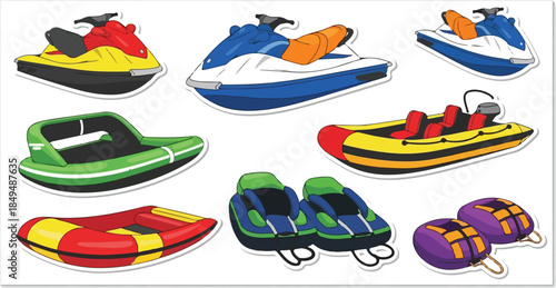 Watercraft and Safety Gear Illustration Jet Skis, Rafts, and Life Vests