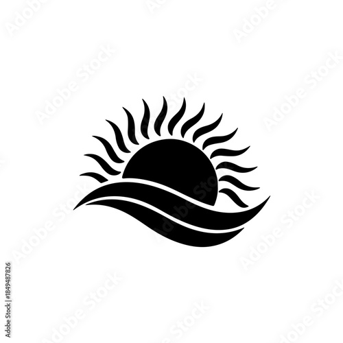 Black sun and waves silhouette isolated on transparent background