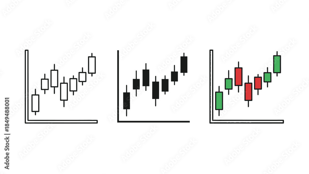 Obraz premium Three variations of candlestick chart icons showing stock market trends and financial data analysis in outline, solid black and color styles