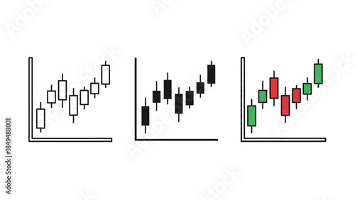 Three variations of candlestick chart icons showing stock market trends and financial data analysis in outline, solid black and color styles