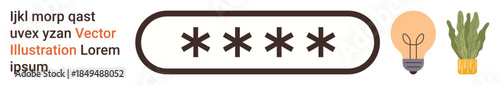Cybersecurity, password protection, online safety, creative ideas, technology concepts, home decor. A password input field with plants and a light bulb. Cybersecurity and password protection visual