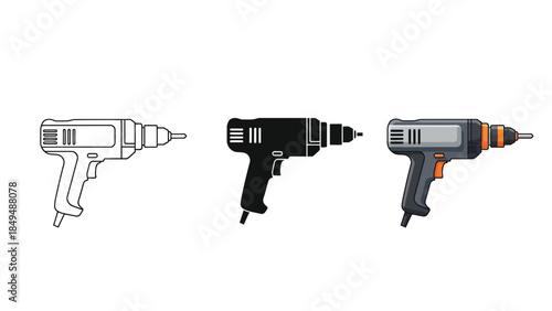 Set of three cordless power drills outline, silhouette and color illustration