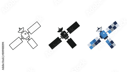 Set of three satellite icons outline, solid black, and color vector illustrations of space technology for communication and navigation