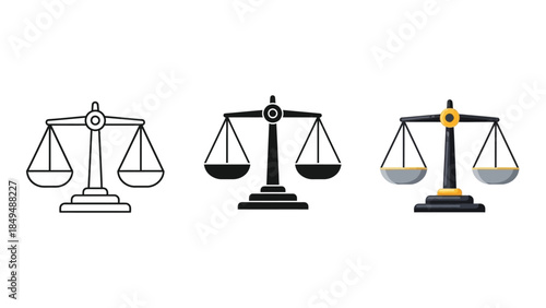 Set of three scales of justice icons outline, solid silhouette, and color illustration, symbolizing law, balance, and fairness