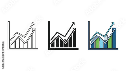 Set of three growing bar chart icons with upward trending line graph, representing business growth, statistics, and financial success in outline, solid and color styles