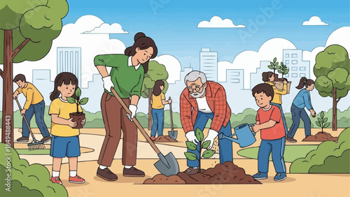 Diverse group of people planting trees together in a park setting.