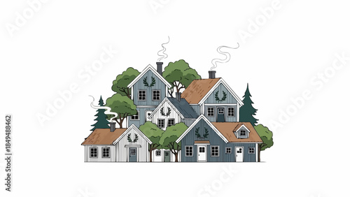 Charming cluster of traditional houses nestled amongst lush green trees.