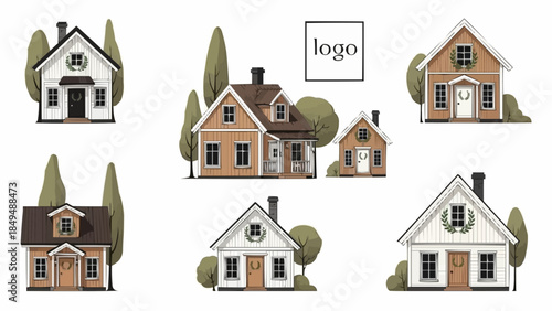 Collection of charming suburban houses with trees and architectural details.