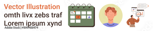 Time management, personal organization, data analysis, digital tools, user profiles, workflow optimization. Calendar with highlights, human profile analytics icons. Time management and personal Free Download Time management, personal organization, data analysis, digital tools, user profiles, workflow optimization. Calendar with highlights, human profile analytics icons. Time management and personal - GFXLoad