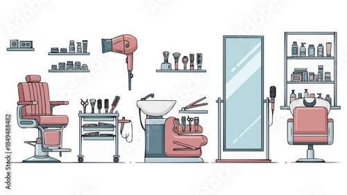 Hair Salon Interior with Styling Chairs and Equipment.